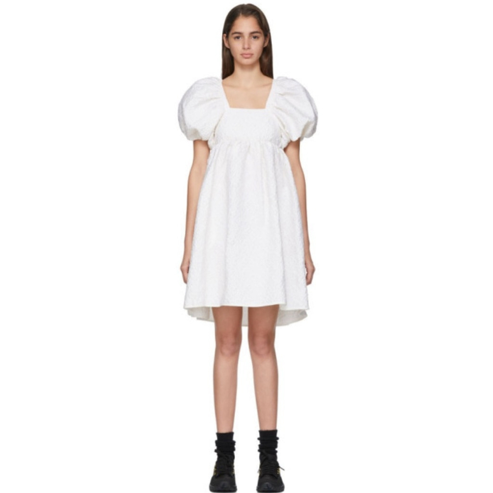 White Structured Puff Sleeve Mini Dress Square Neck Open Back Adjustable Medium